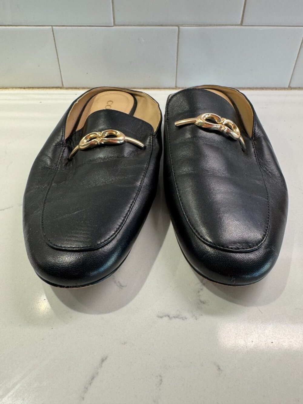 Coach Sienna Black Leather Slip On Loafer Slides Womens 7B C5770 Gold Hardware D - Picture 2 of 10